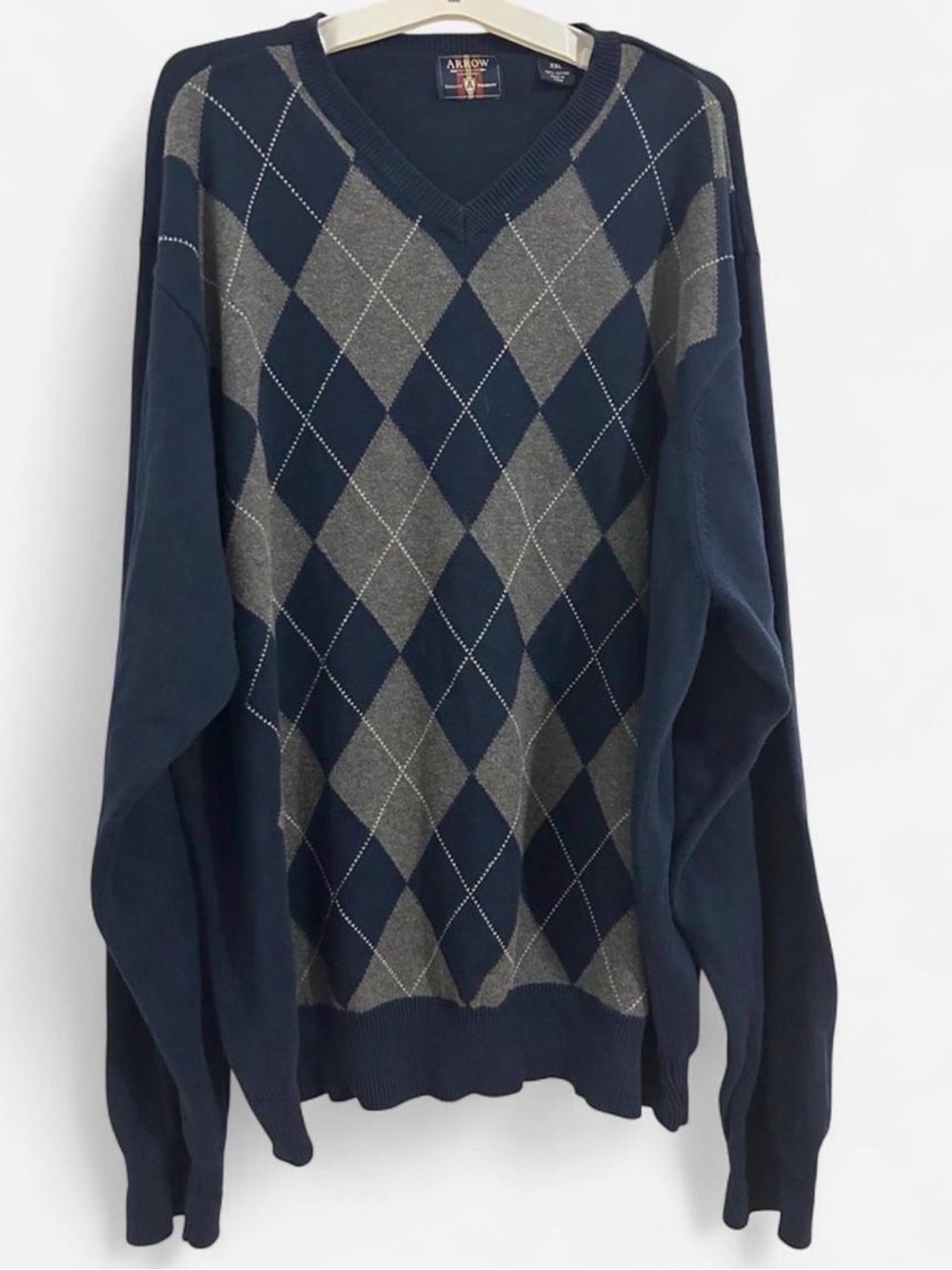 Men's Cotton Navy and Gray Argyle V-Neck Sweater